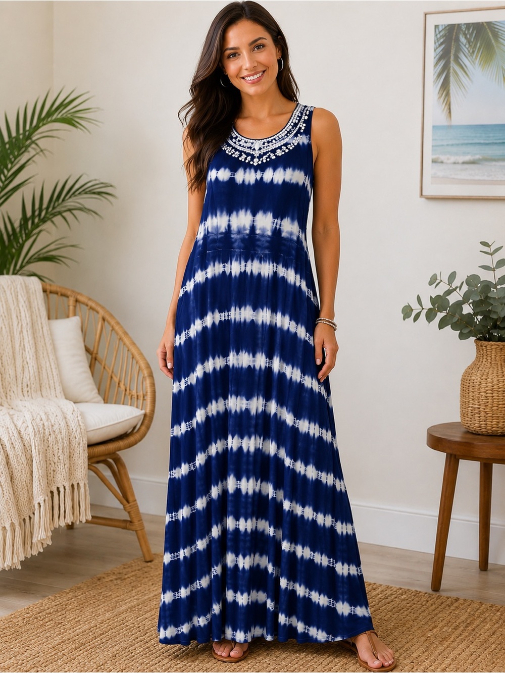 INC Beach boho Blue Tie Dye Beaded Maxi Dress XL Boho Sleeveless Stretch NWT